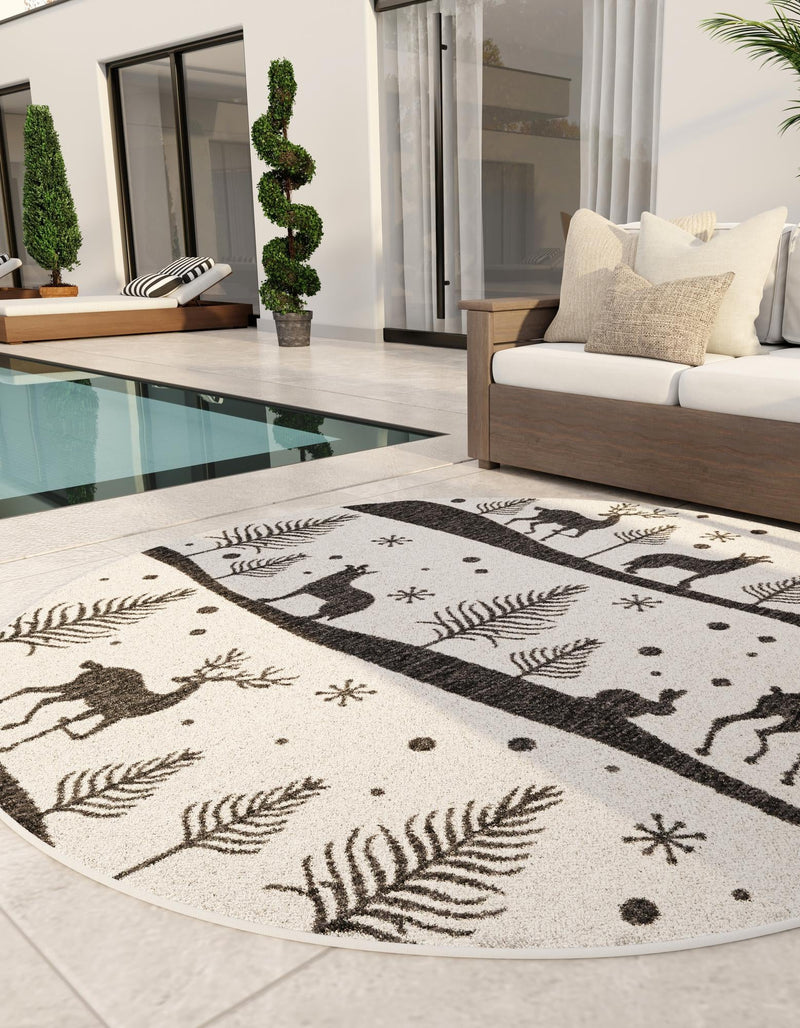 Garden Festivity Collection Area Rug - Evergreen Round Black and White lifestyle 2