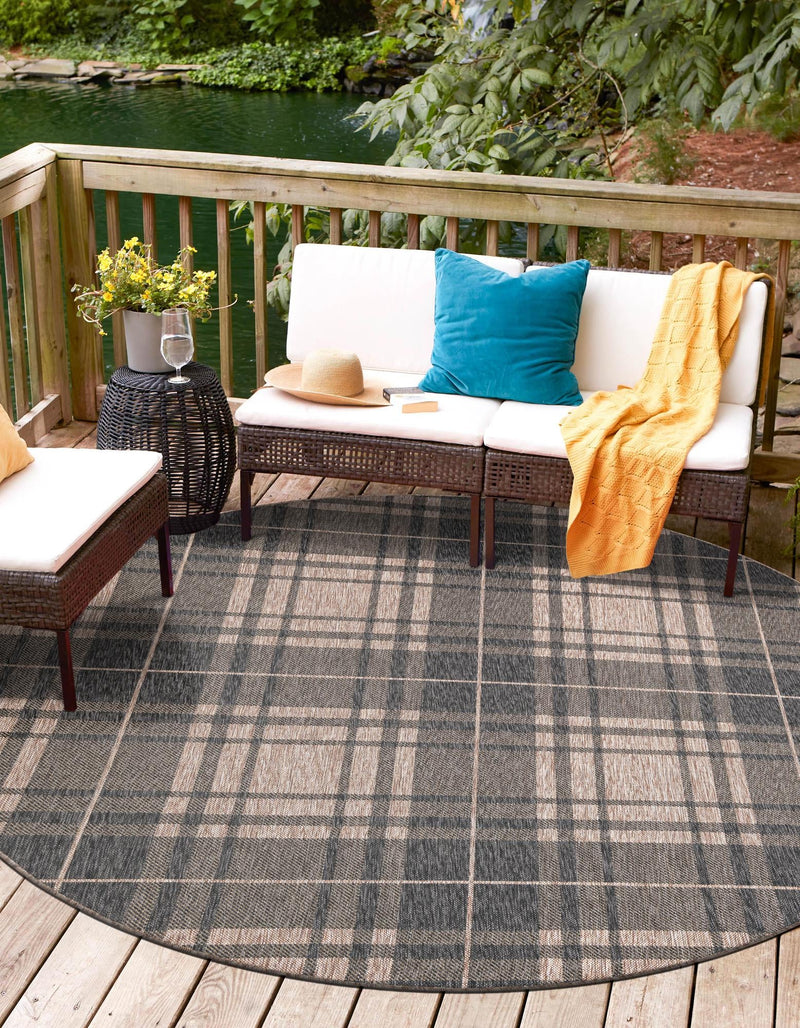 Patio Plaid Collection Area Rug - Terrace Round Black and Brown lifestyle 113