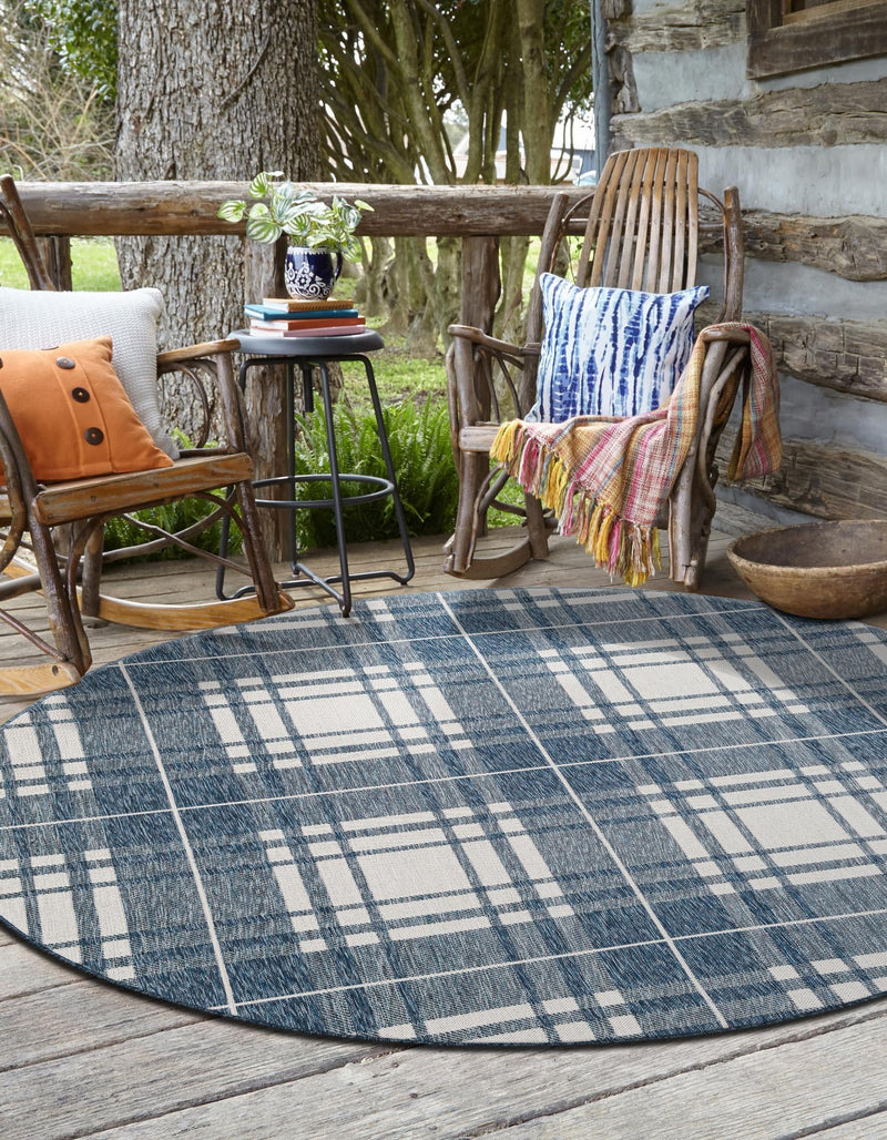 Patio Plaid Collection Area Rug - Terrace Round Blue lifestyle 0