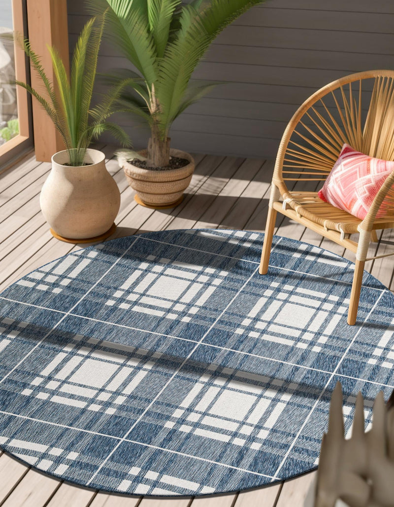 Patio Plaid Collection Area Rug - Terrace Round Blue lifestyle 2