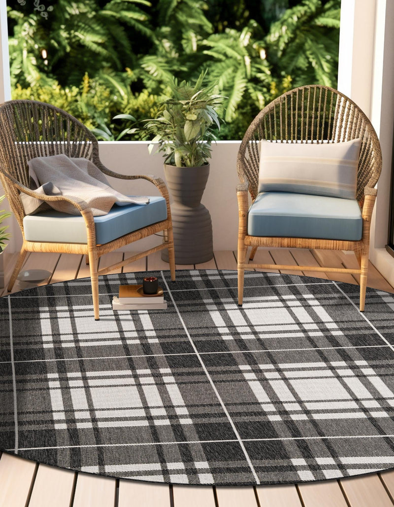 Patio Plaid Collection Area Rug - Terrace Round Black and White lifestyle 152
