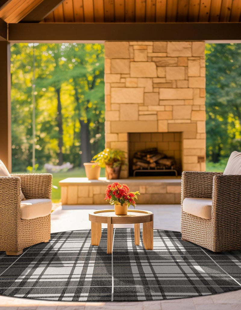 Patio Plaid Collection Area Rug - Terrace Round Black and White lifestyle 170