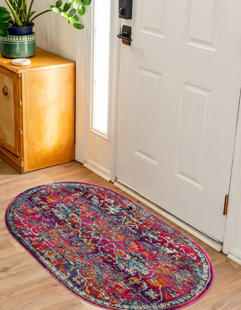 Prague Tapestry Collection Area Rug - Moravia Oval Fuchsia lifestyle 36
