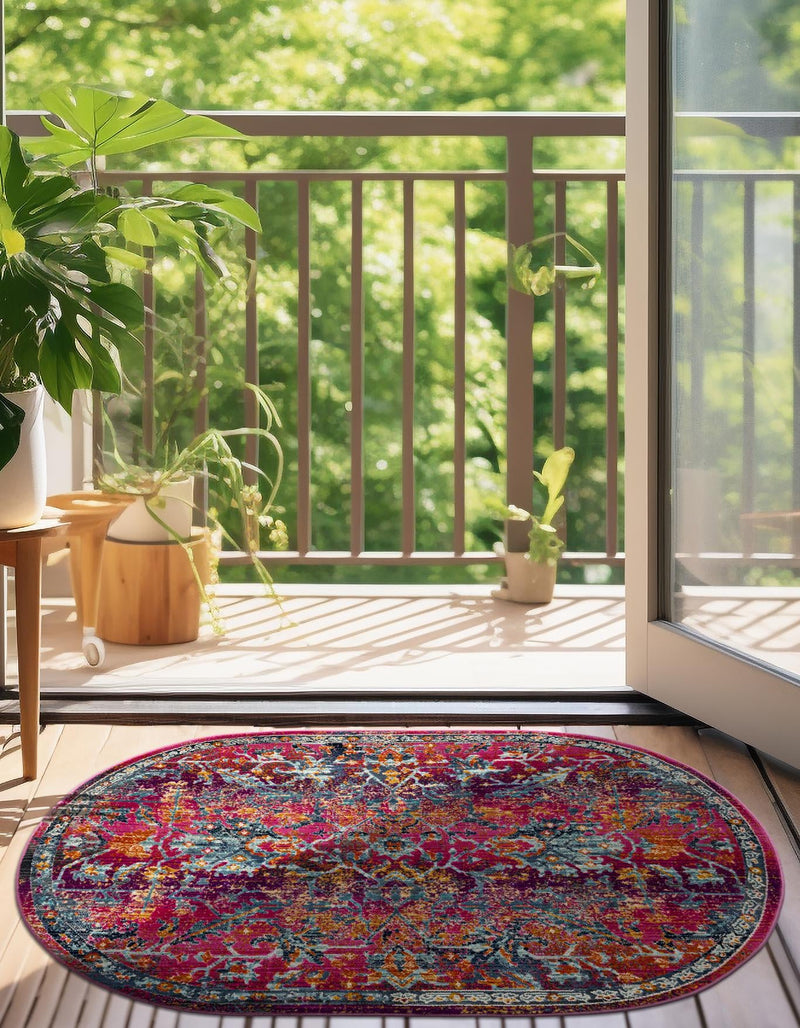 Prague Tapestry Collection Area Rug - Moravia Oval Fuchsia lifestyle 52