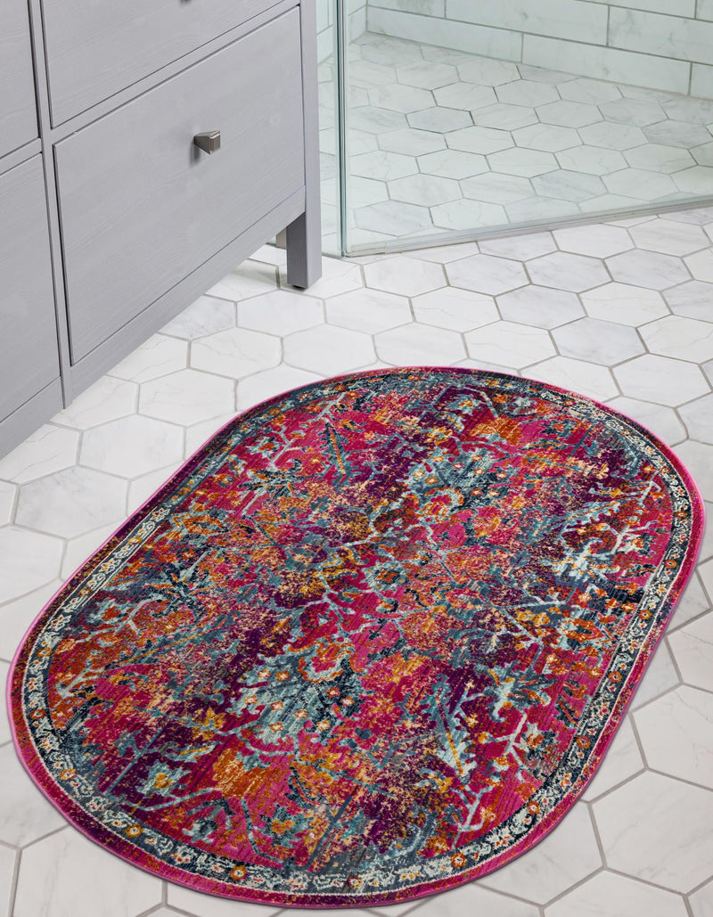 Prague Tapestry Collection Area Rug - Moravia Oval Fuchsia lifestyle 68