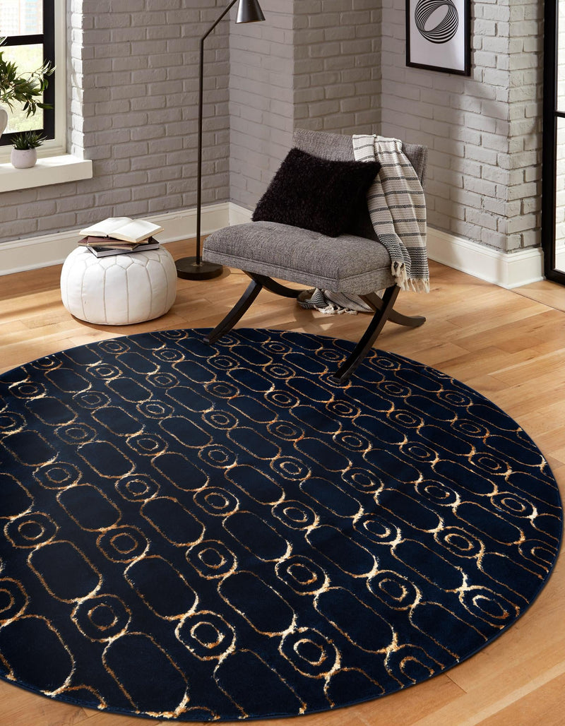 Metropolitan Matrix Collection Area Rug - Cosmopolis (Black and Silver) Round Navy Blue and Gold lifestyle 124