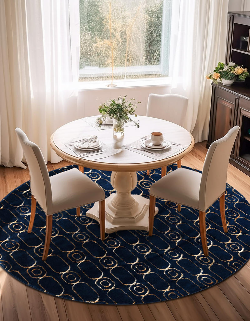 Metropolitan Matrix Collection Area Rug - Cosmopolis (Black and Silver) Round Navy Blue and Gold lifestyle 152