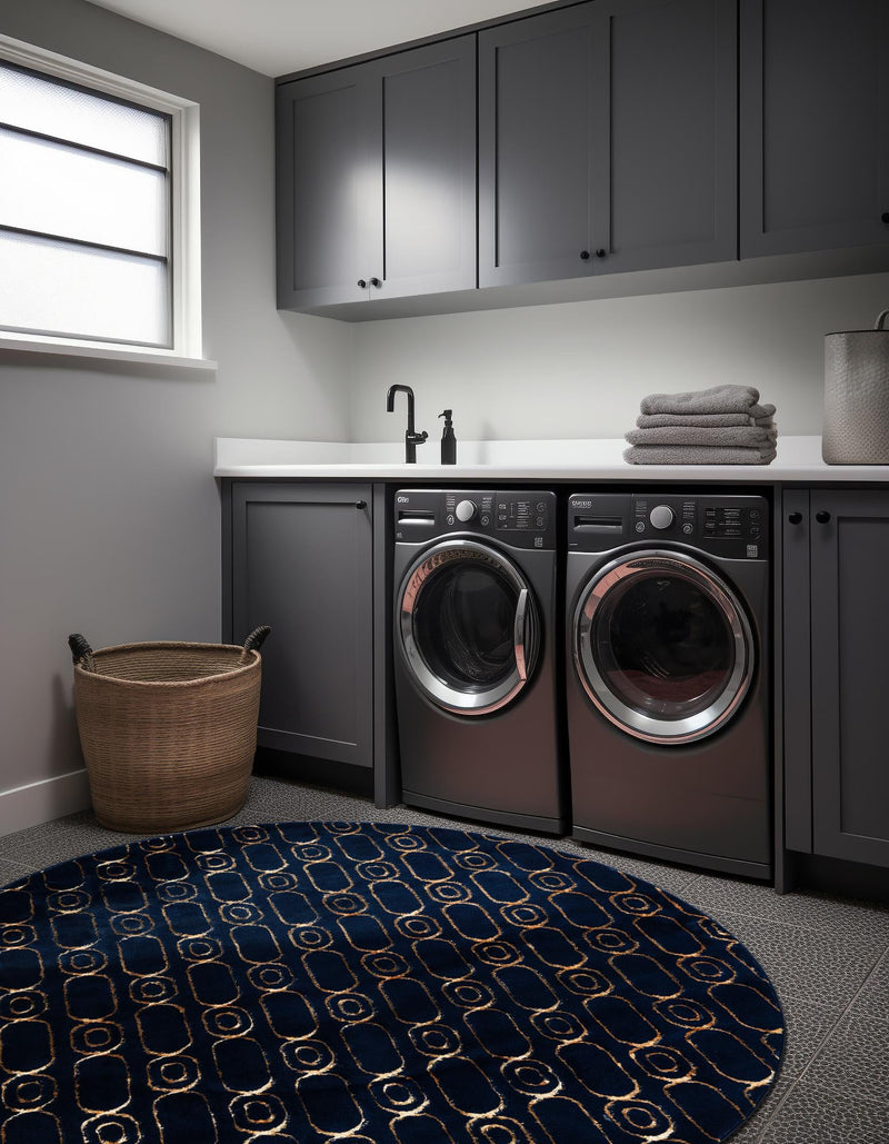 Metropolitan Matrix Collection Area Rug - Cosmopolis (Black and Silver) Round Navy Blue and Gold lifestyle 180