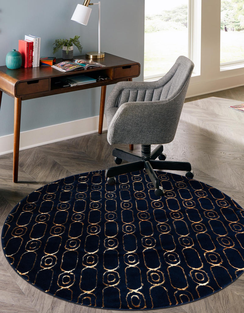 Metropolitan Matrix Collection Area Rug - Cosmopolis (Black and Silver) Round Navy Blue and Gold lifestyle 208