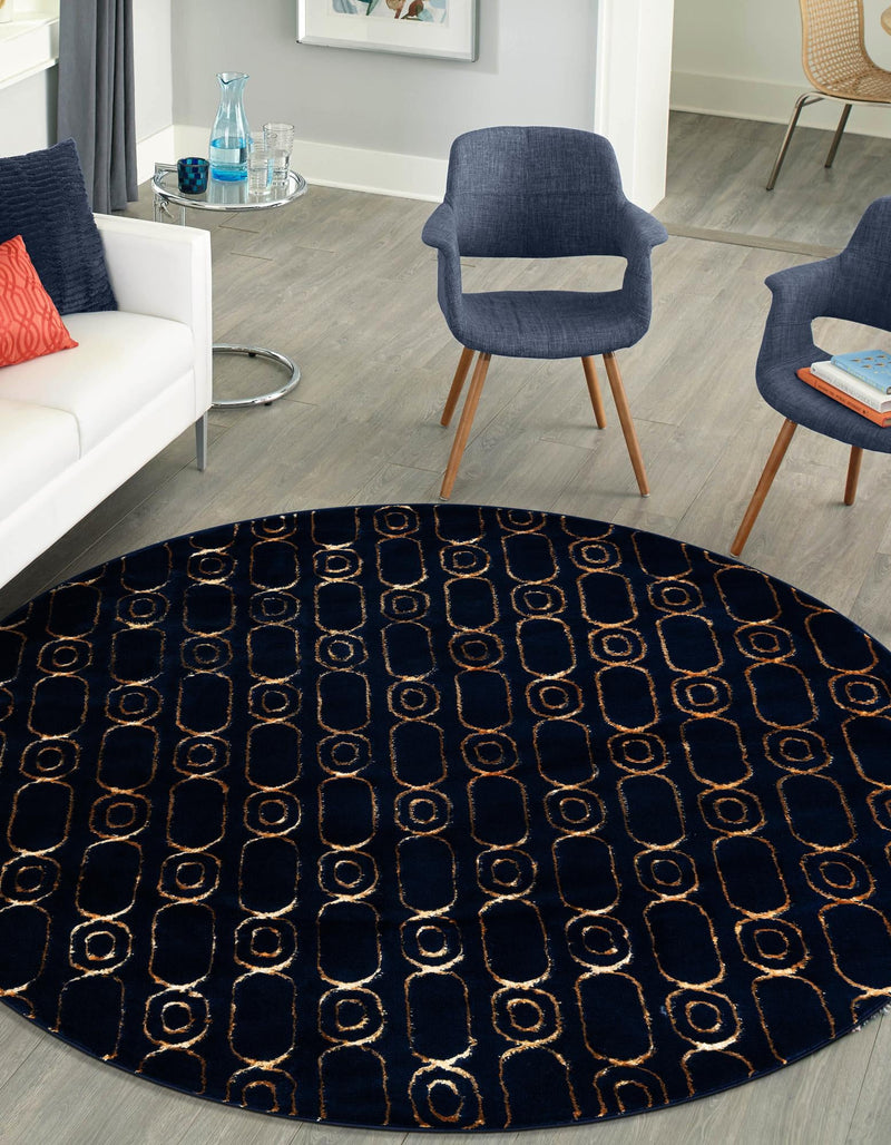 Metropolitan Matrix Collection Area Rug - Cosmopolis (Black and Silver) Round Navy Blue and Gold lifestyle 222