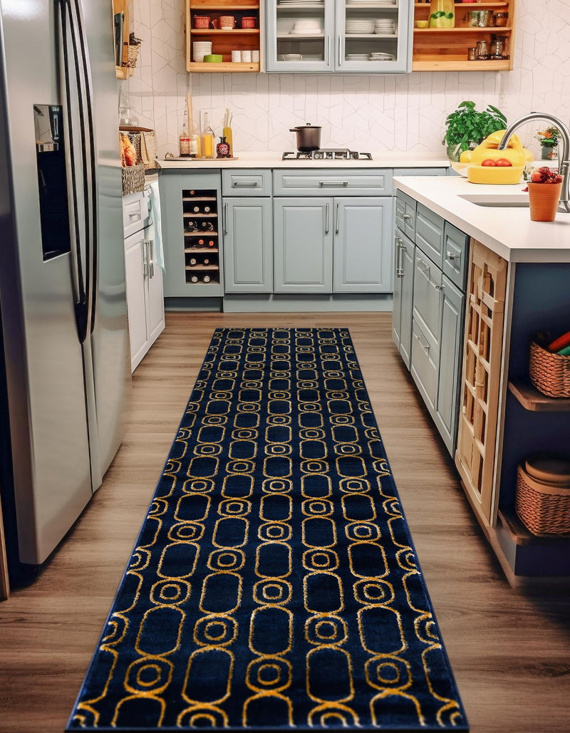 Metropolitan Matrix Collection Area Rug - Cosmopolis Runner Navy Blue and Gold lifestyle 94