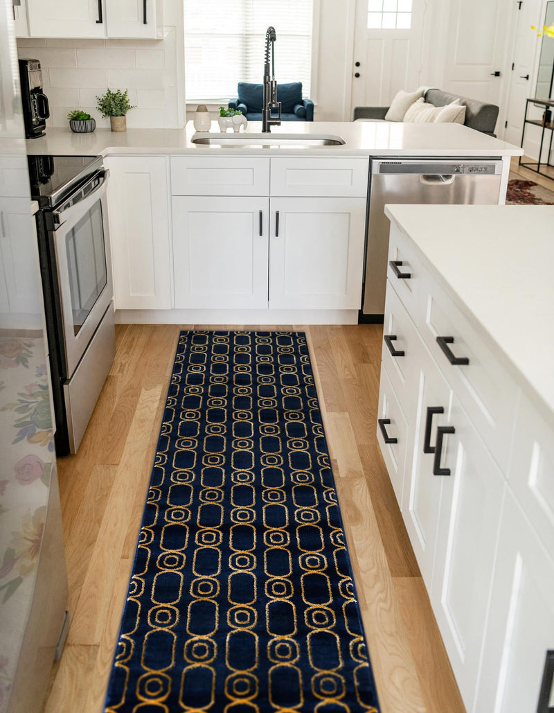 Metropolitan Matrix Collection Area Rug - Cosmopolis Runner Navy Blue and Gold lifestyle 129