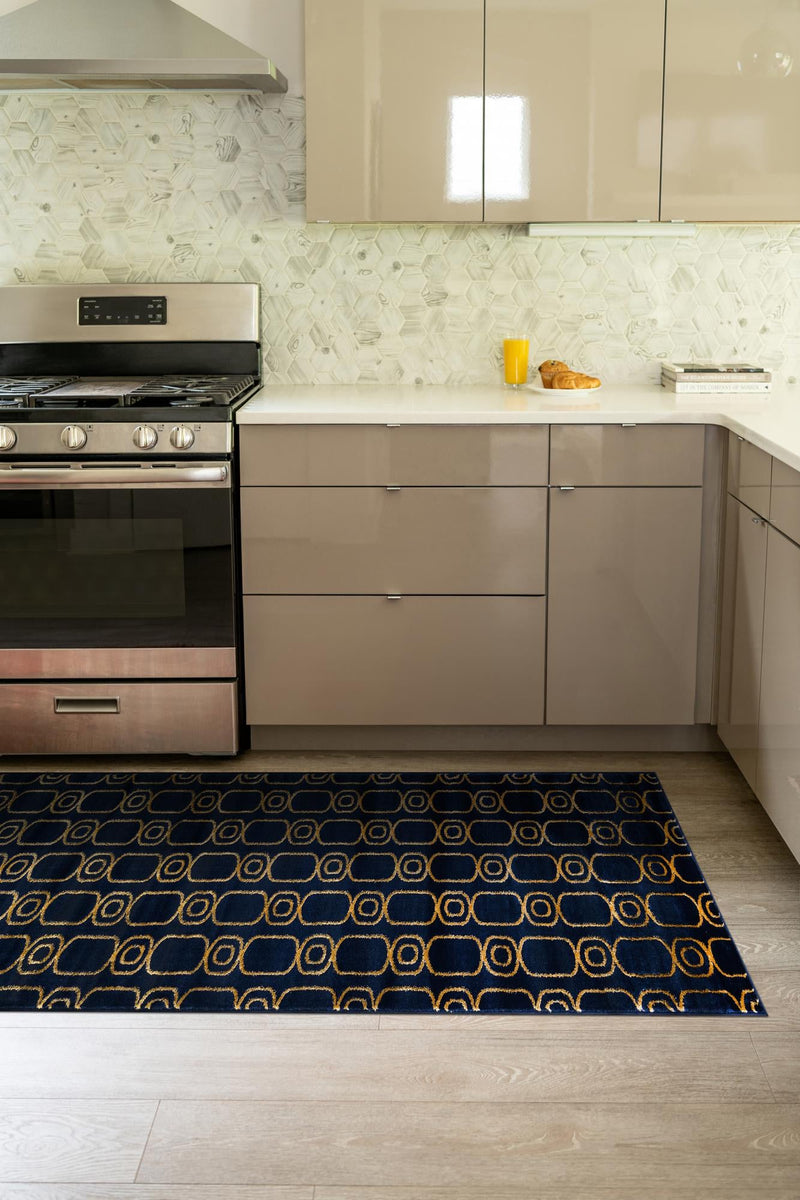 Metropolitan Matrix Collection Area Rug - Cosmopolis Runner Navy Blue and Gold lifestyle 143