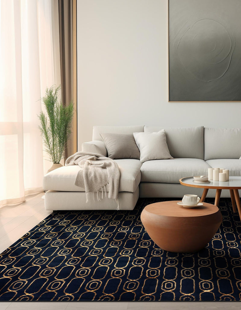 Metropolitan Matrix Collection Area Rug - Cosmopolis (Black and Silver) Square Navy Blue and Gold lifestyle 139