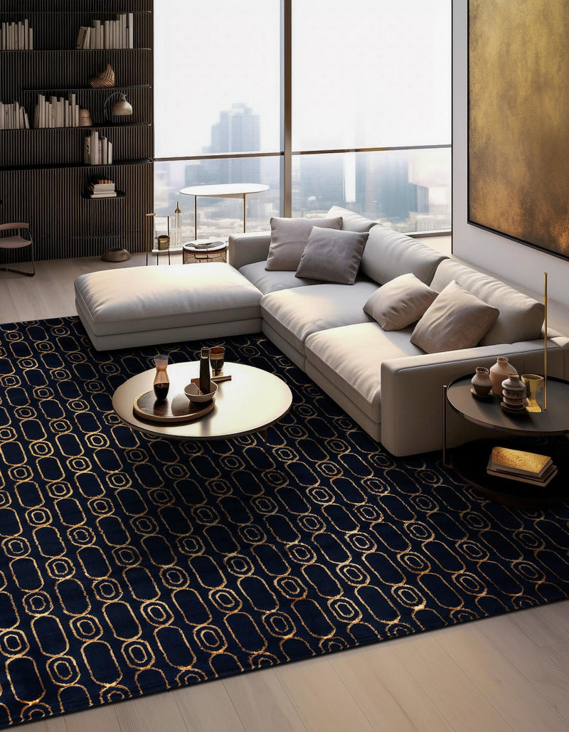 Metropolitan Matrix Collection Area Rug - Cosmopolis (Black and Silver) Square Navy Blue and Gold lifestyle 153