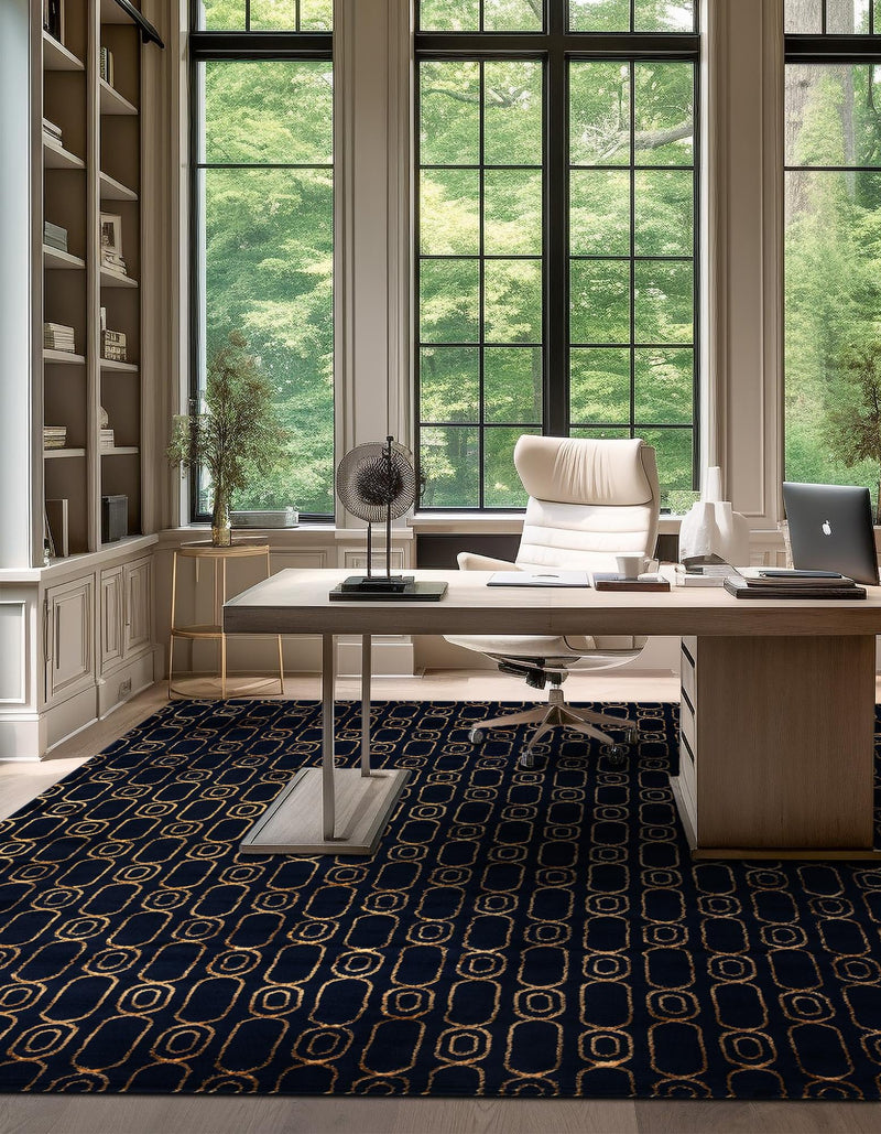 Metropolitan Matrix Collection Area Rug - Cosmopolis (Black and Silver) Square Navy Blue and Gold lifestyle 181