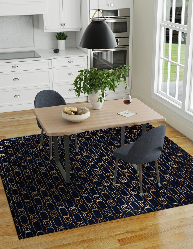 Metropolitan Matrix Collection Area Rug - Cosmopolis (Black and Silver) Square Navy Blue and Gold lifestyle 195