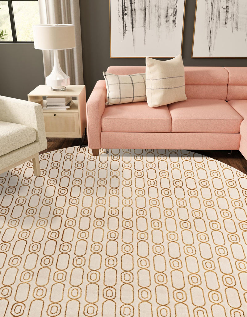Metropolitan Matrix Collection Area Rug - Cosmopolis Round White and Gold lifestyle 120
