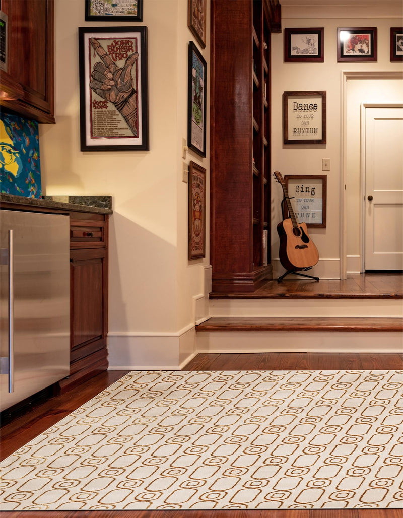 Metropolitan Matrix Collection Area Rug - Cosmopolis Square White and Gold lifestyle 126