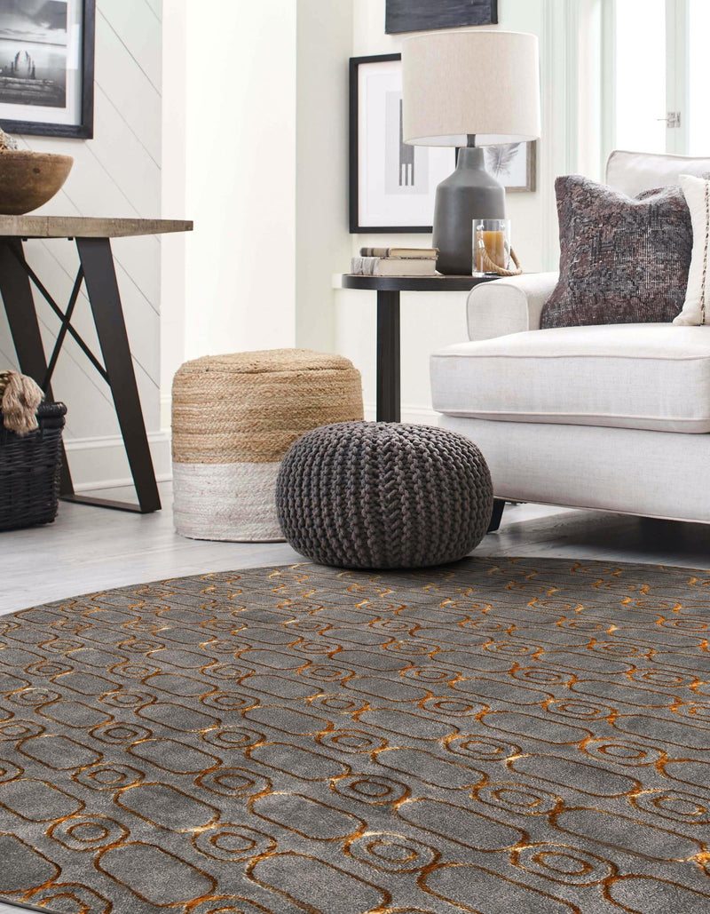 Metropolitan Matrix Collection Area Rug - Cosmopolis (Black and Silver) Round Gray and Gold lifestyle 162