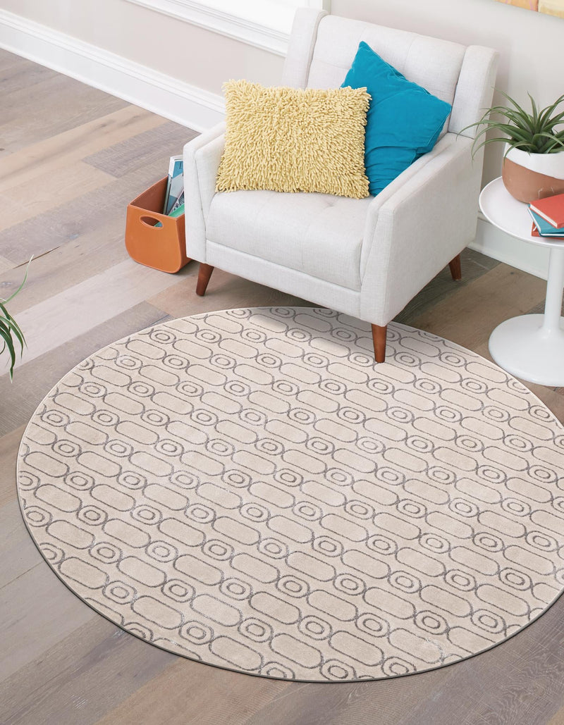 Metropolitan Matrix Collection Area Rug - Cosmopolis Round White and Silver lifestyle 95
