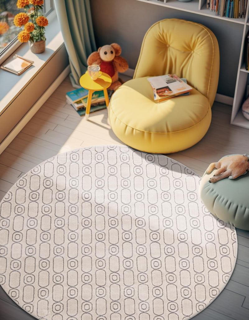 Metropolitan Matrix Collection Area Rug - Cosmopolis Round White and Silver lifestyle 109