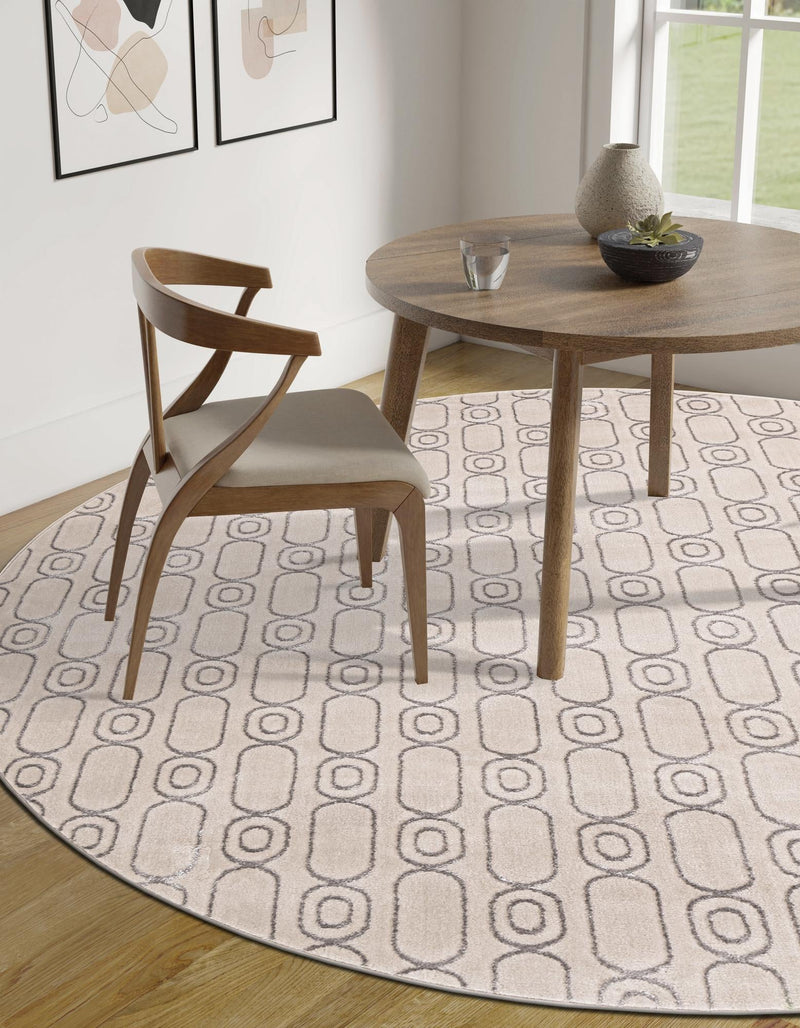 Metropolitan Matrix Collection Area Rug - Cosmopolis Round White and Silver lifestyle 123