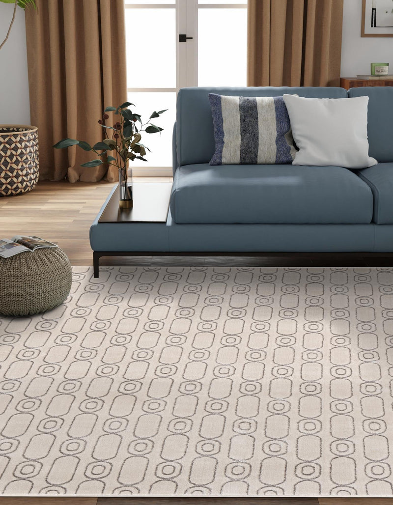 Metropolitan Matrix Collection Area Rug - Cosmopolis Square White and Silver lifestyle 118