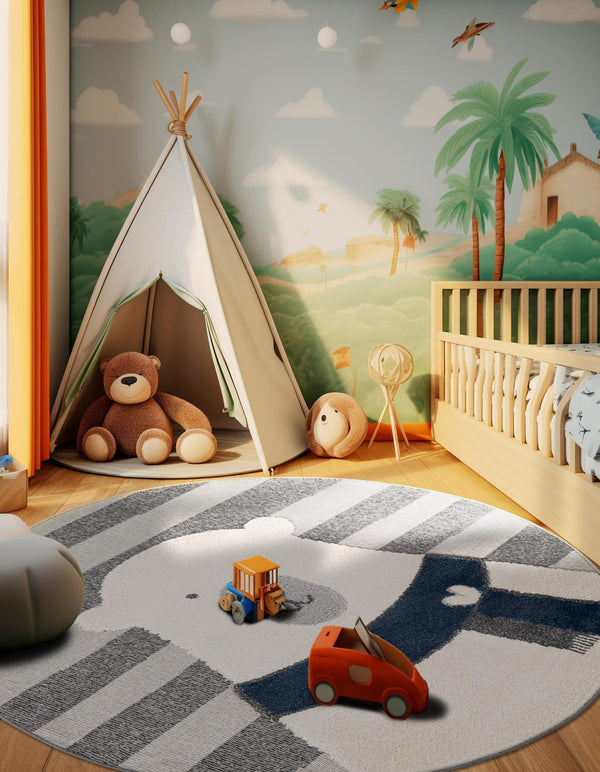 Wonder Tykes Collection Area Rug - Dreamland Round Gray lifestyle 28