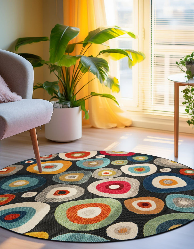 Outdoor Marrakesh Collection Area Rug - Chefchaouen Round Multi Black lifestyle 63
