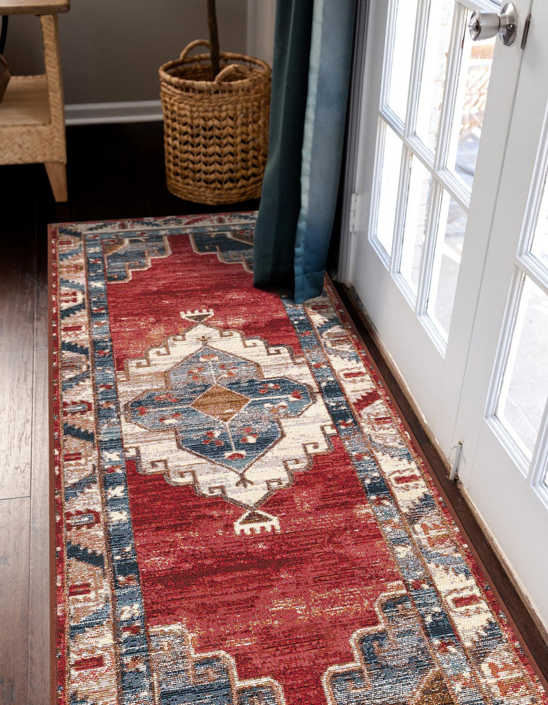 Patio Elegance Collection Area Rug - Alcove Runner Red and Navy Blue lifestyle 48