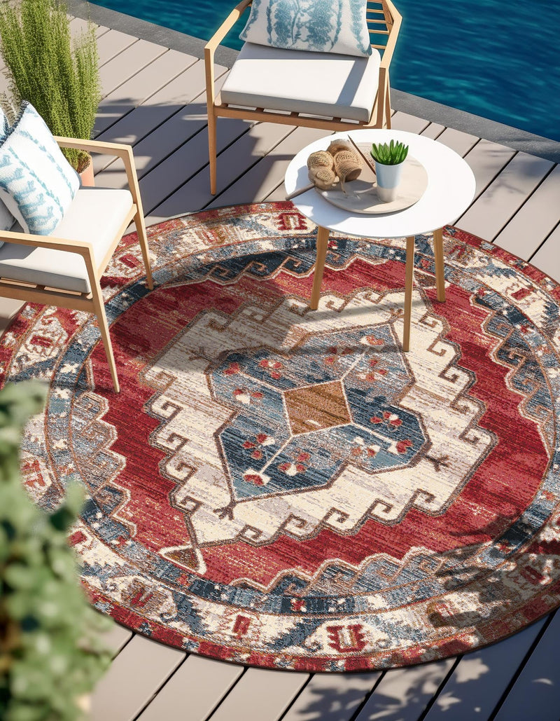 Patio Elegance Collection Area Rug - Alcove Round Red and Navy Blue lifestyle 26