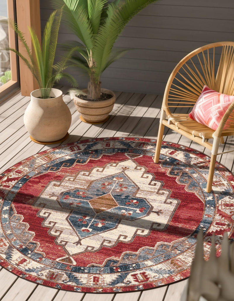 Patio Elegance Collection Area Rug - Alcove Round Red and Navy Blue lifestyle 30