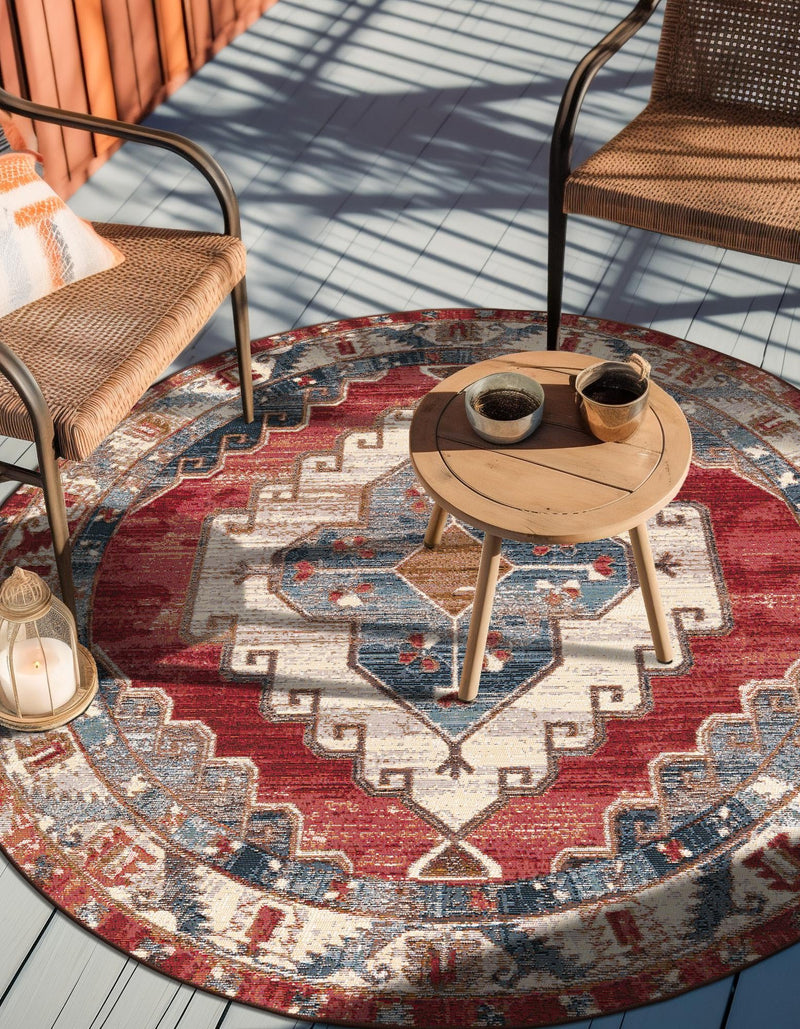 Patio Elegance Collection Area Rug - Alcove Round Red and Navy Blue lifestyle 34