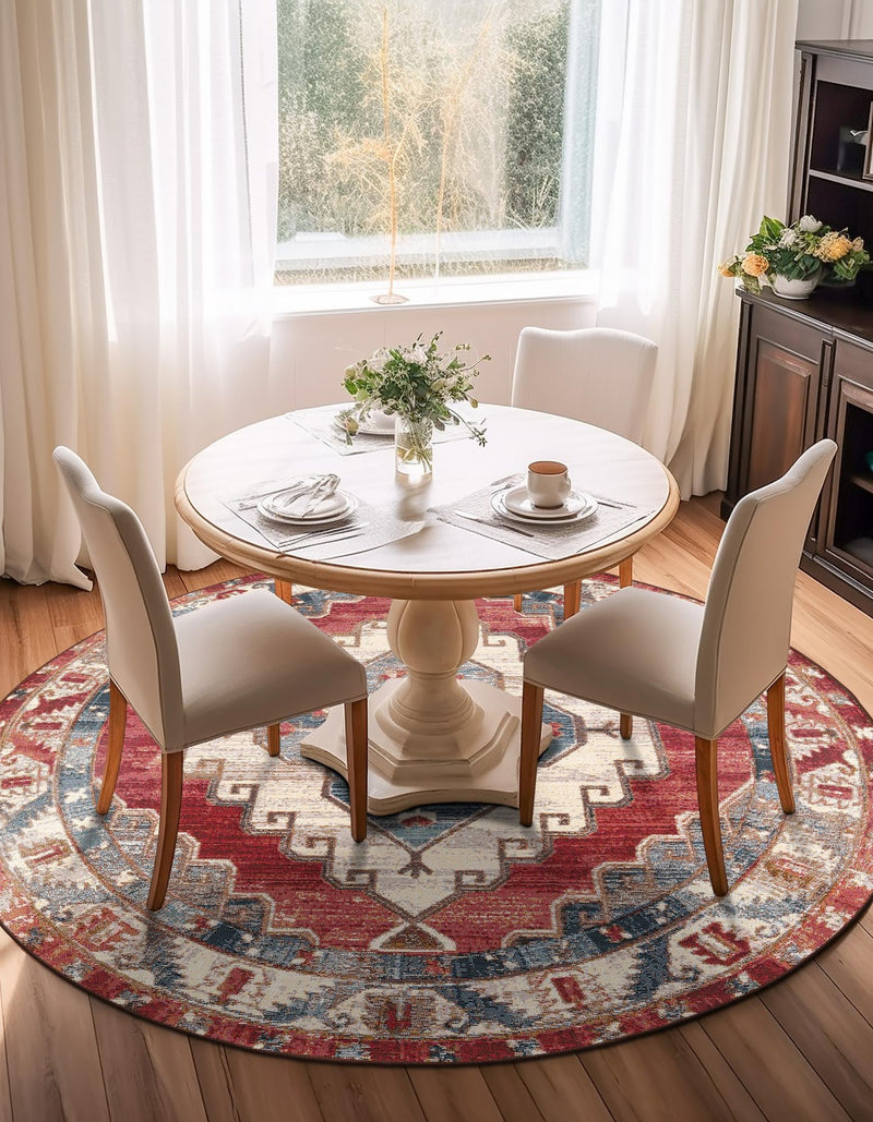 Patio Elegance Collection Area Rug - Alcove Round Red and Navy Blue lifestyle 36