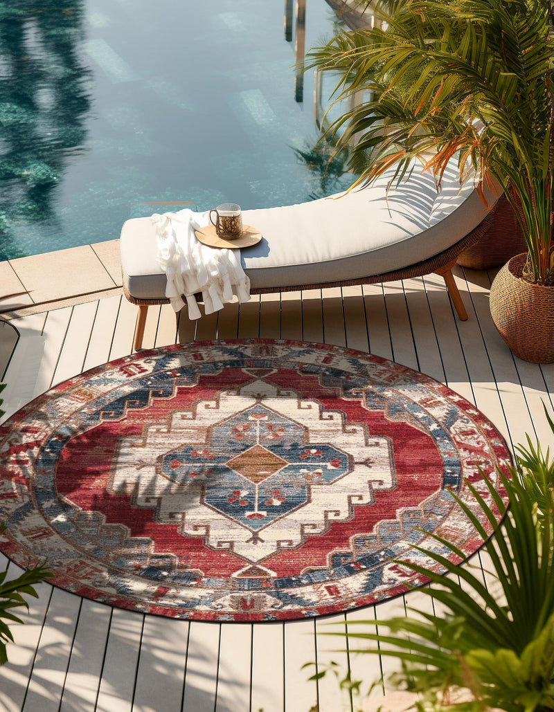 Patio Elegance Collection Area Rug - Alcove Round Red and Navy Blue lifestyle 42
