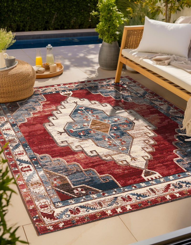 Patio Elegance Collection Area Rug - Alcove Square Red and Navy Blue lifestyle 25