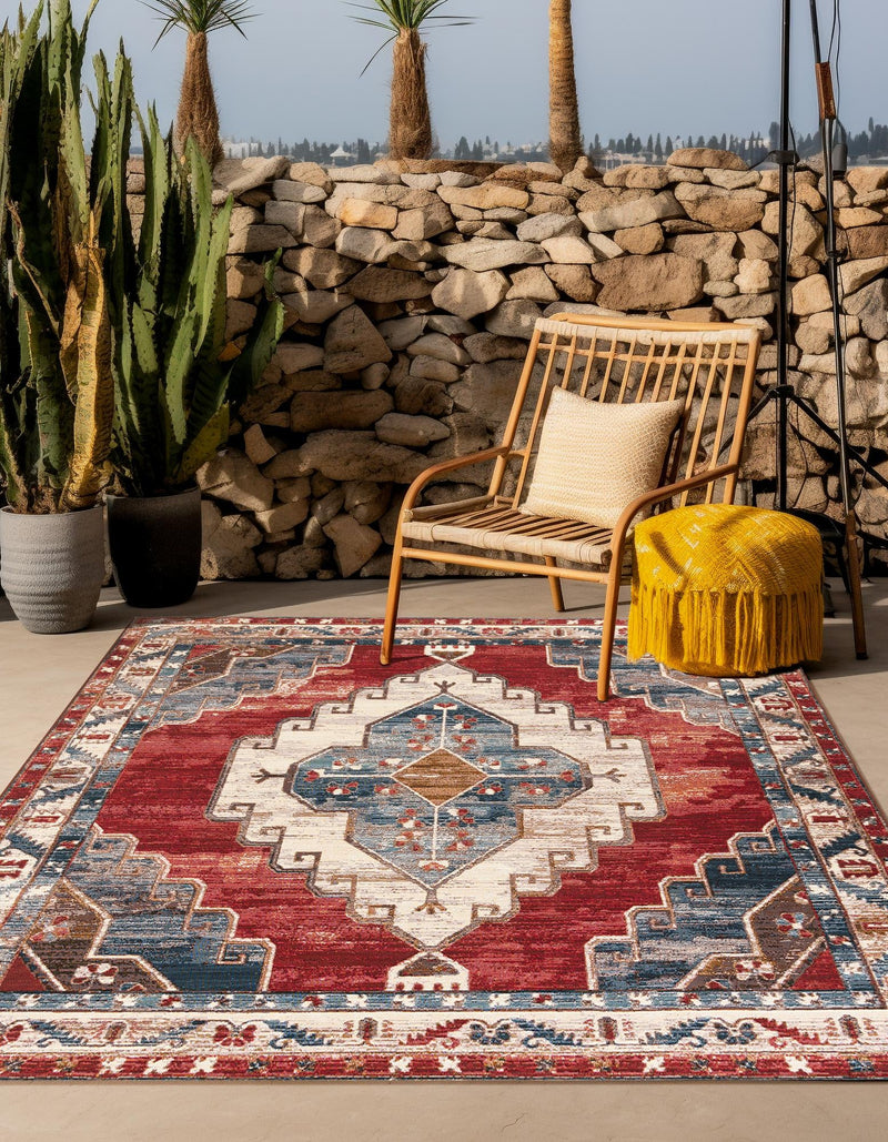 Patio Elegance Collection Area Rug - Alcove Square Red and Navy Blue lifestyle 29
