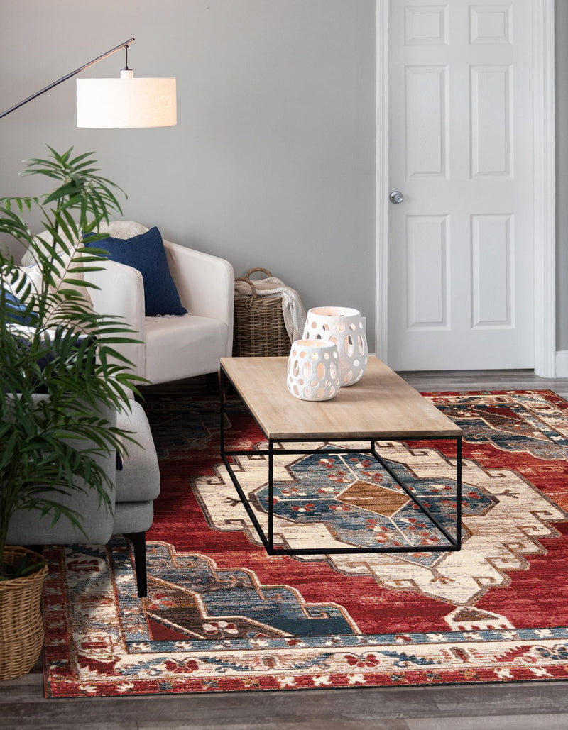 Patio Elegance Collection Area Rug - Alcove Square Red and Navy Blue lifestyle 31