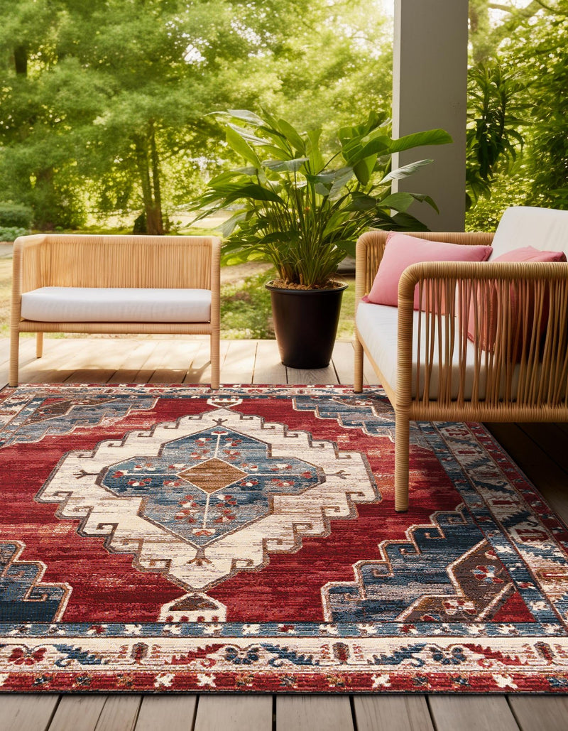 Patio Elegance Collection Area Rug - Alcove Square Red and Navy Blue lifestyle 33