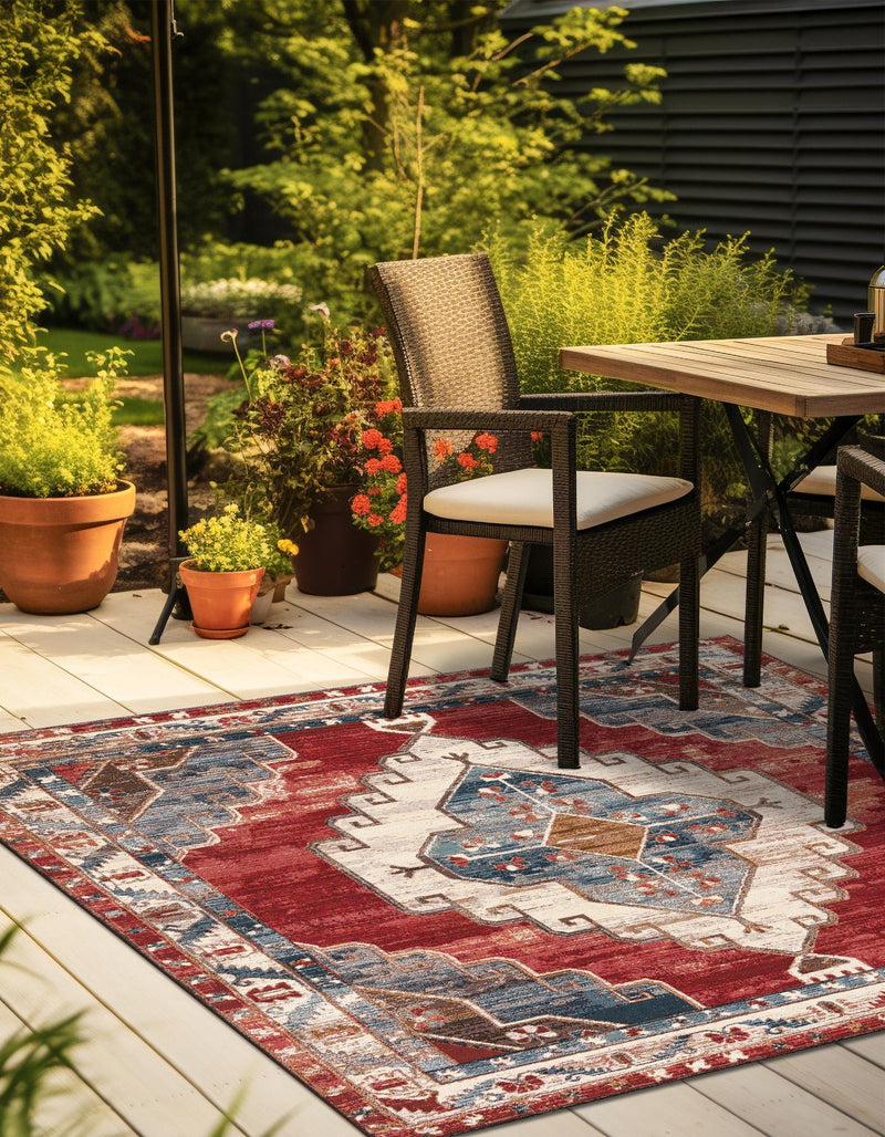 Patio Elegance Collection Area Rug - Alcove Square Red and Navy Blue lifestyle 37
