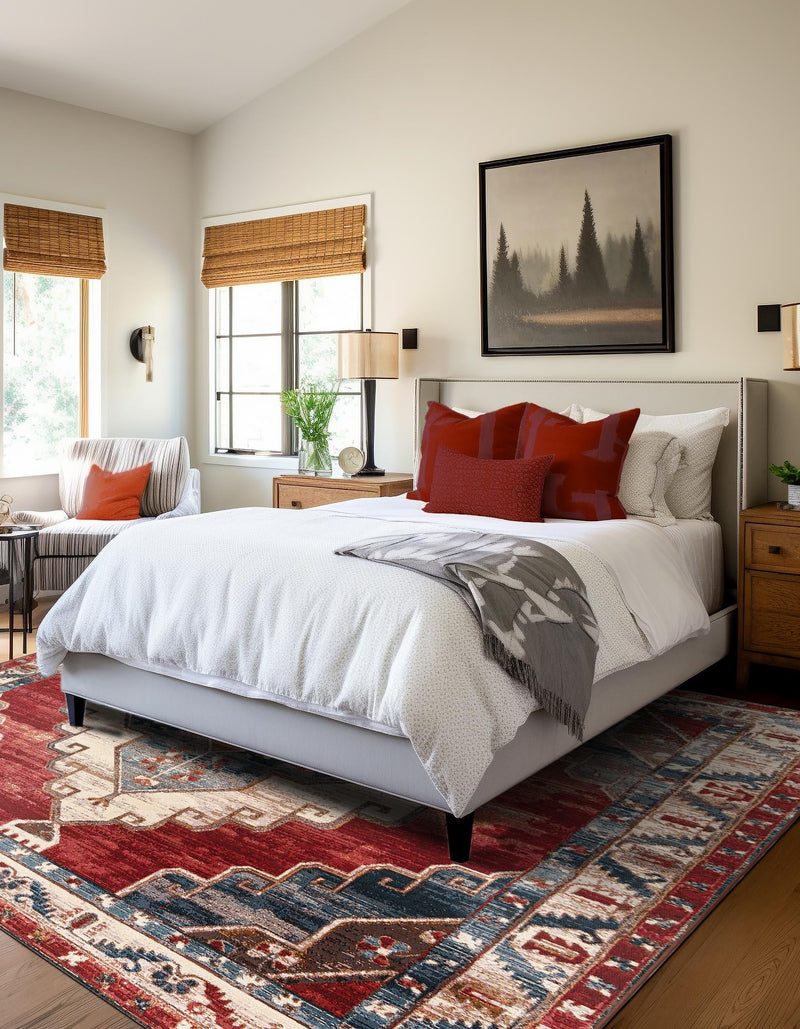 Patio Elegance Collection Area Rug - Alcove Square Red and Navy Blue lifestyle 39