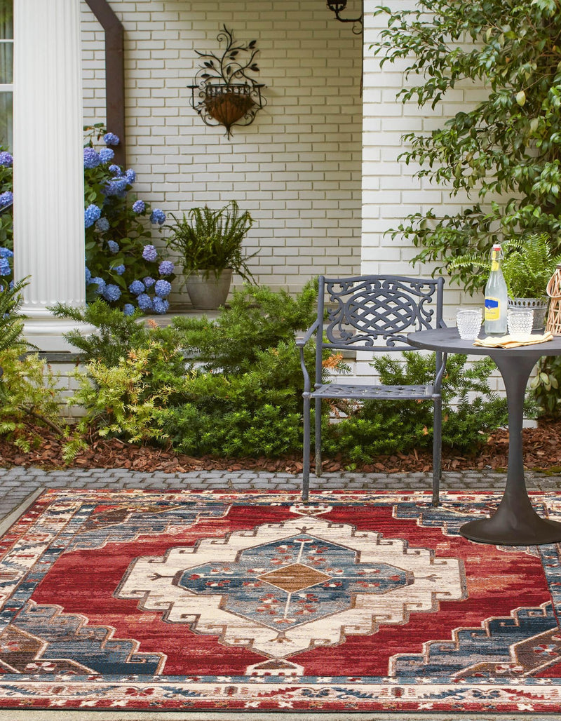 Patio Elegance Collection Area Rug - Alcove Square Red and Navy Blue lifestyle 41