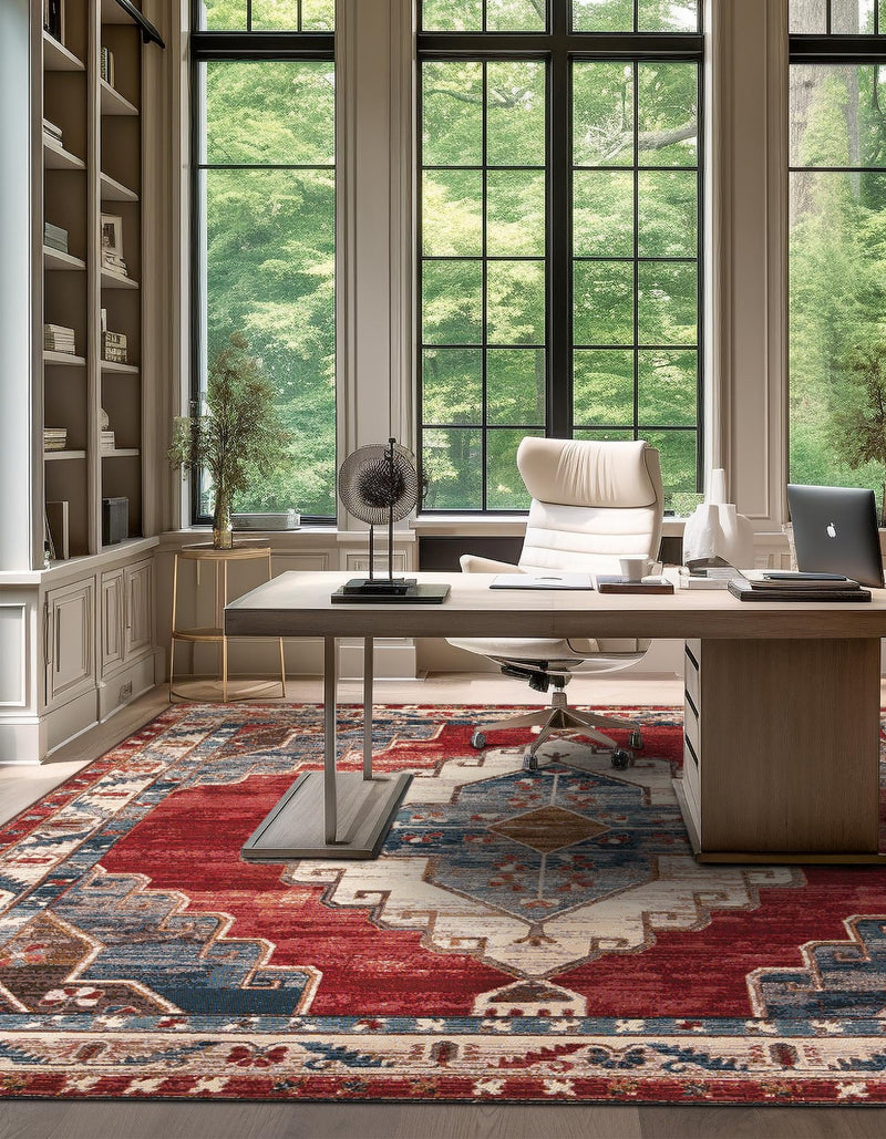 Patio Elegance Collection Area Rug - Alcove Square Red and Navy Blue lifestyle 43