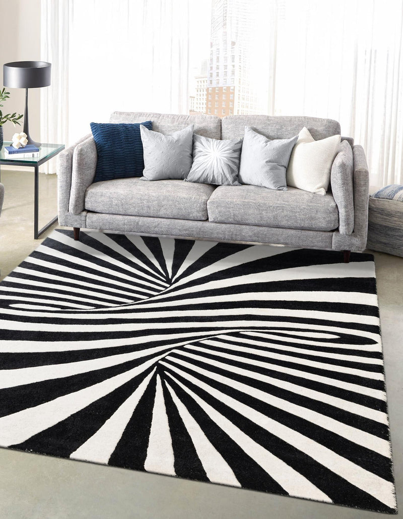 Cyclone Wool Collection Area Rug - Maelstrom Square Black and White lifestyle 24
