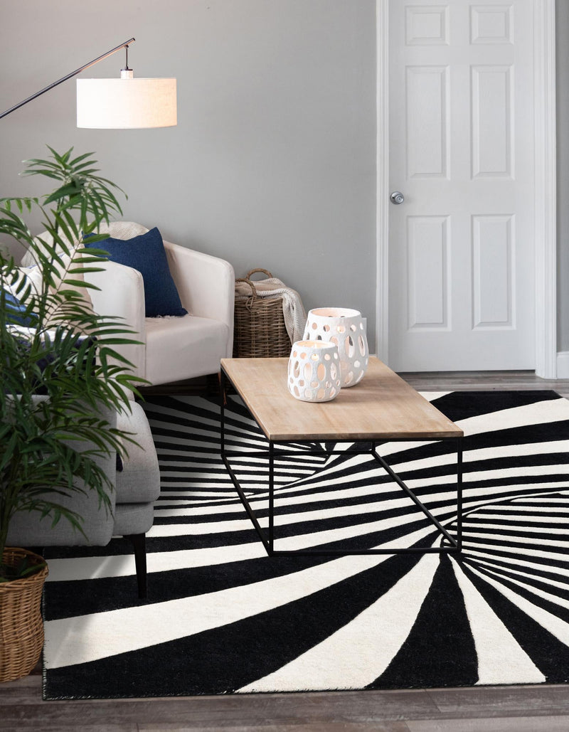 Cyclone Wool Collection Area Rug - Maelstrom Square Black and White lifestyle 26