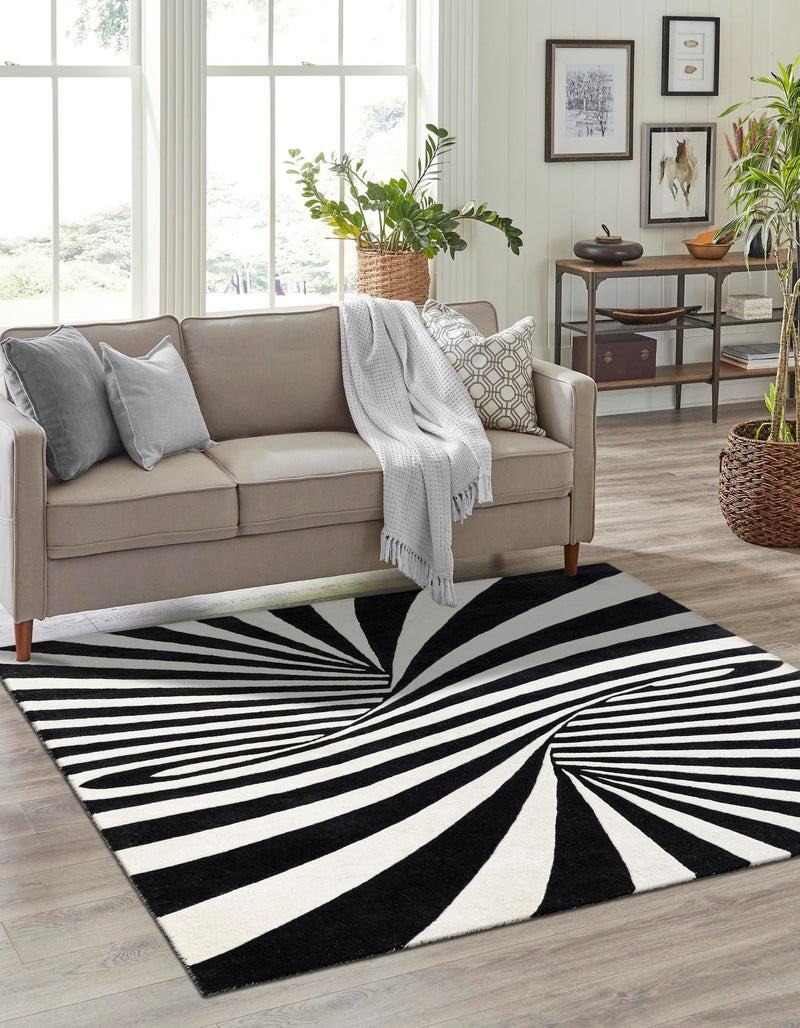 Cyclone Wool Collection Area Rug - Maelstrom Square Black and White lifestyle 27