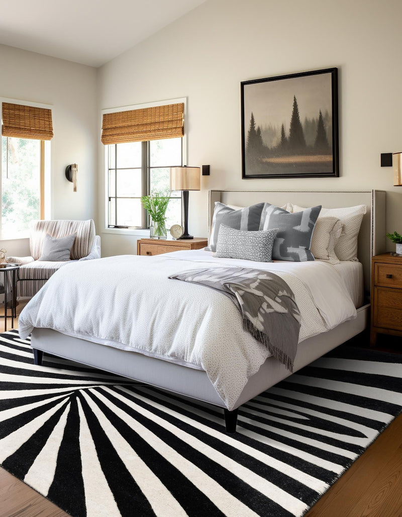 Cyclone Wool Collection Area Rug - Maelstrom Square Black and White lifestyle 28