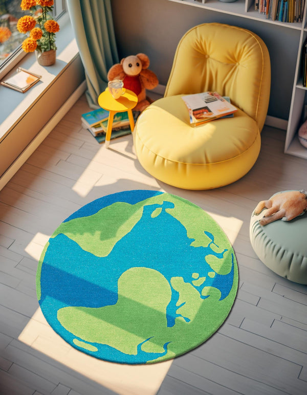 Whimsy Wonders Wool Collection Area Rug - Island Round Blue and Green lifestyle 6
