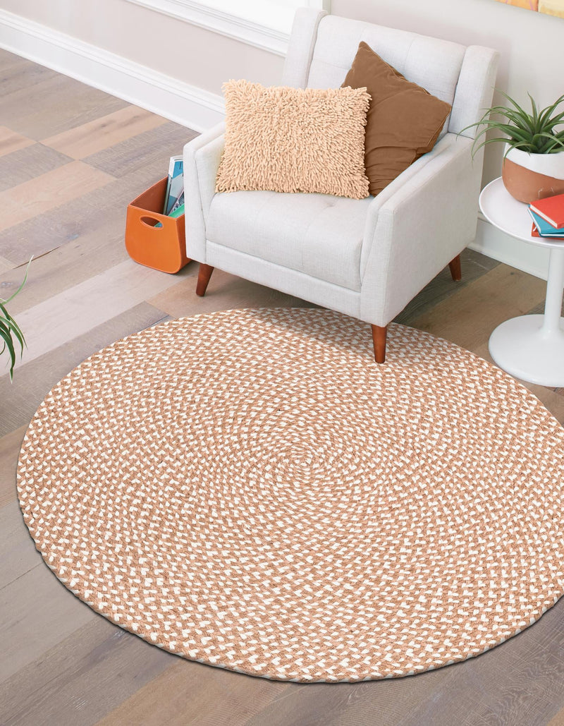 Sustainable Strands Indoor-Outdoor Oasis Collection Area Rug - Sandbar (Light Brown) Round Light Brown lifestyle 14